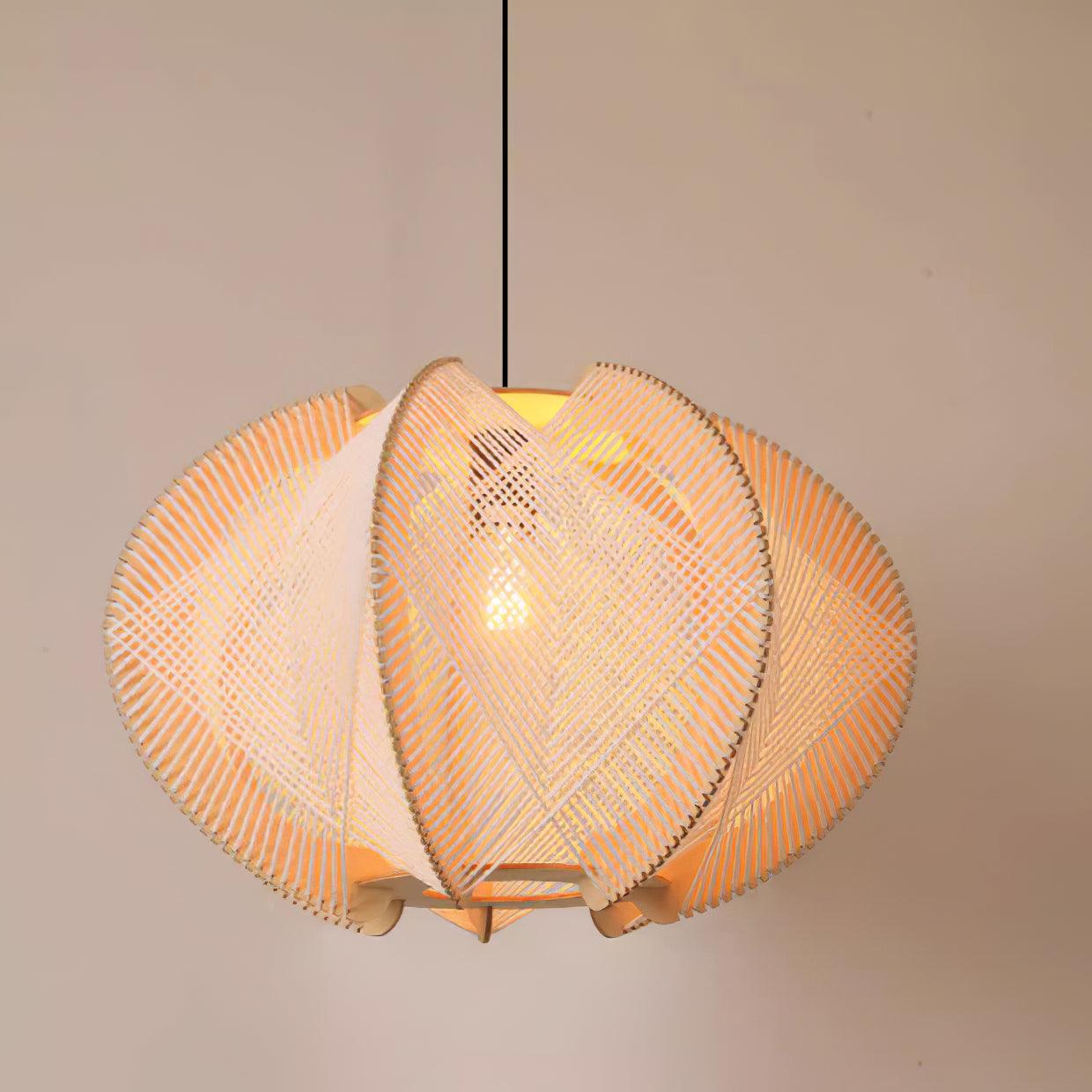Pendant Light with Fabric Shade, Wooden Frame, and Wire Detail - Lamp Copper