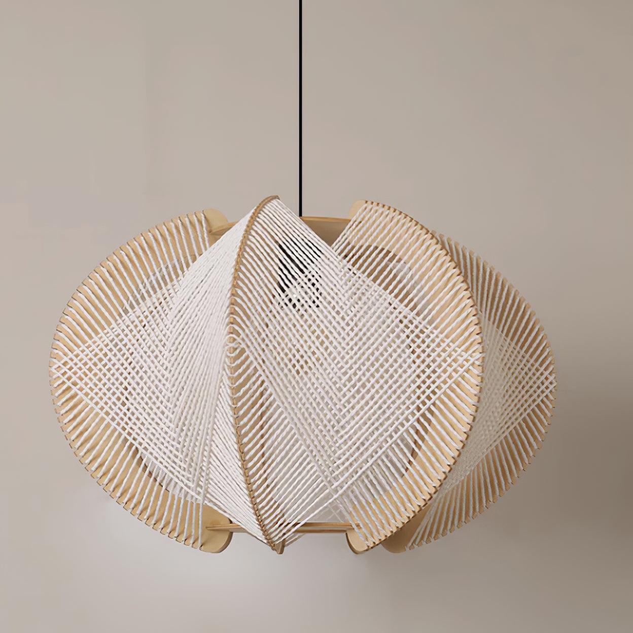 Pendant Light with Fabric Shade, Wooden Frame, and Wire Detail - Lamp Copper