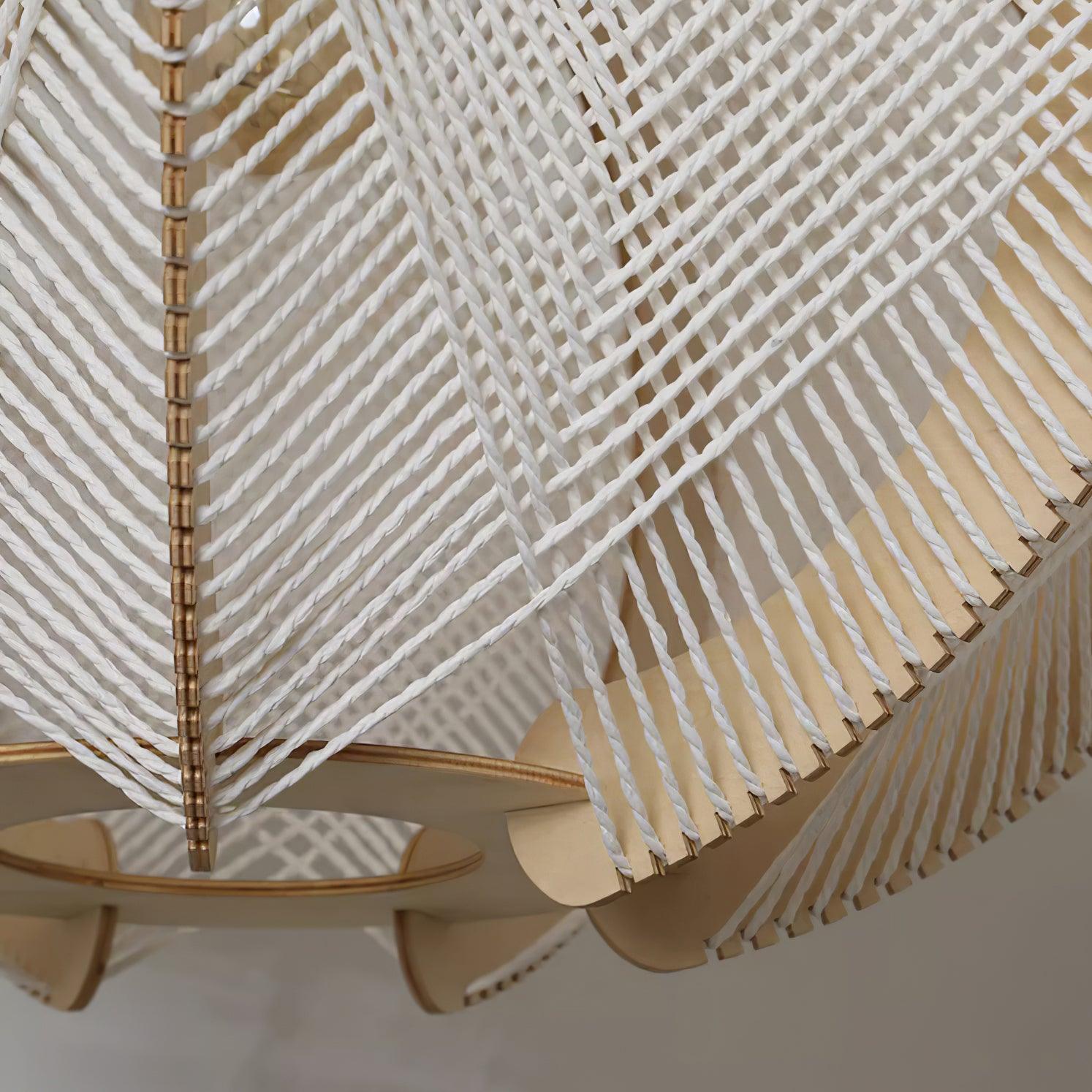Pendant Light with Fabric Shade, Wooden Frame, and Wire Detail - Lamp Copper