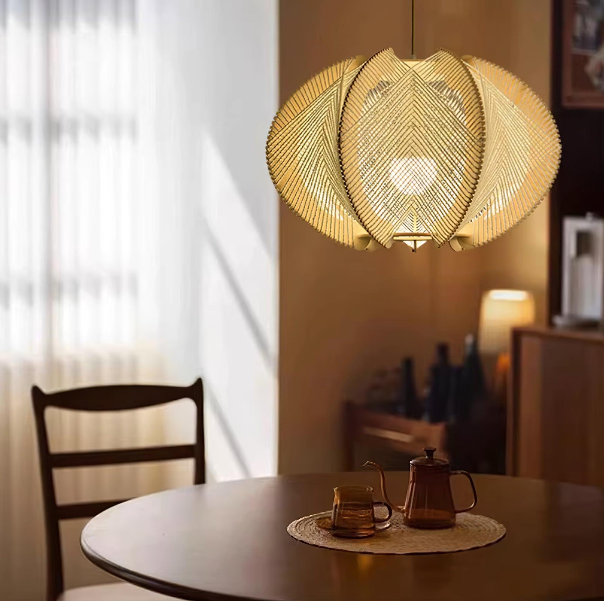 Pendant Light with Fabric Shade, Wooden Frame, and Wire Detail - Lamp Copper