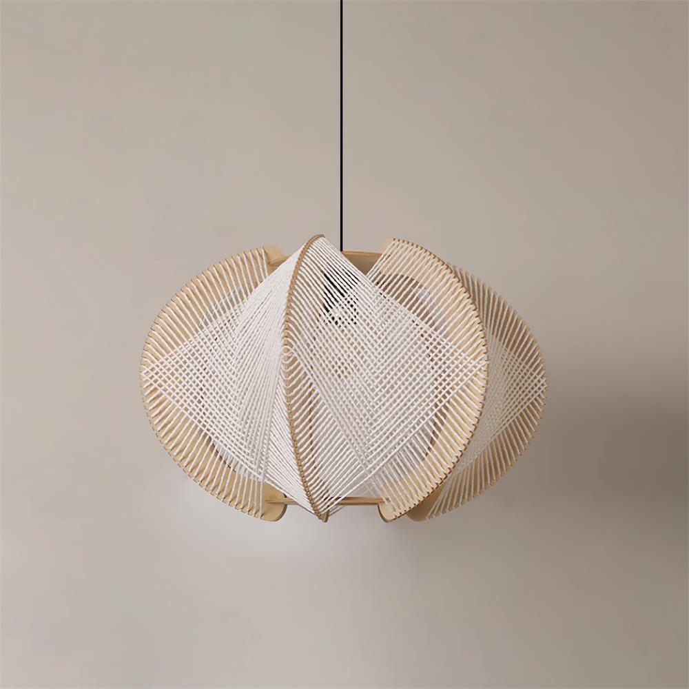 Pendant Light with Fabric Shade, Wooden Frame, and Wire Detail - Lamp Copper