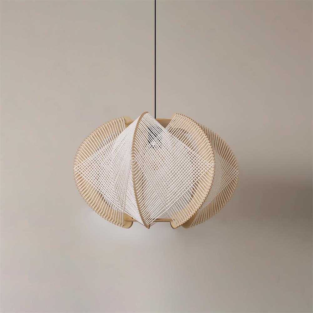 Pendant Light with Fabric Shade, Wooden Frame, and Wire Detail - Lamp Copper