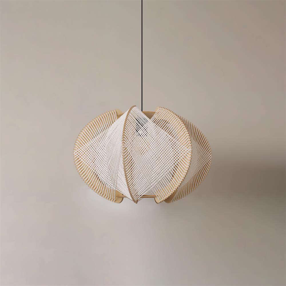 Pendant Light with Fabric Shade, Wooden Frame, and Wire Detail - Lamp Copper
