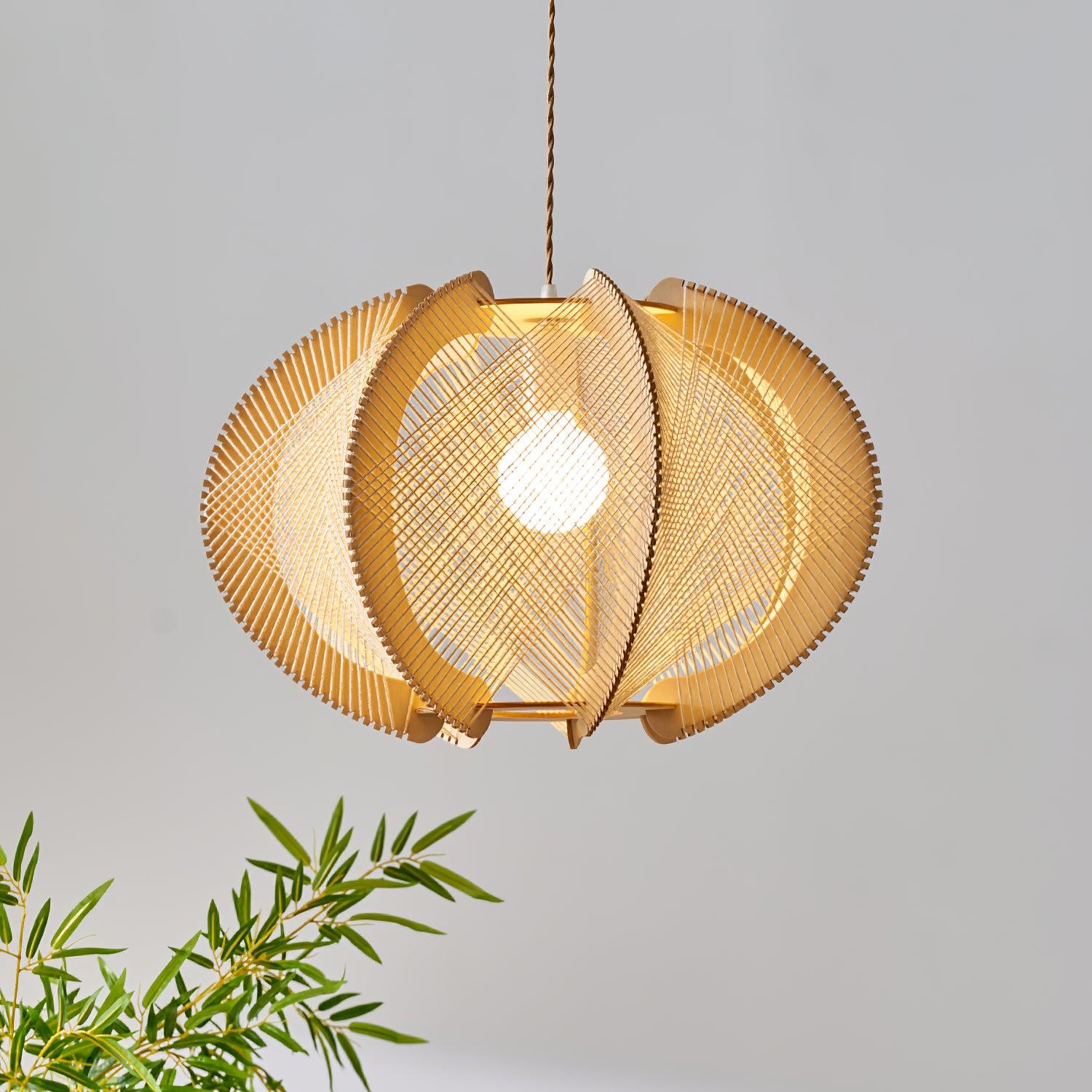 Pendant Light with Fabric Shade, Wooden Frame, and Wire Detail - Lamp Copper