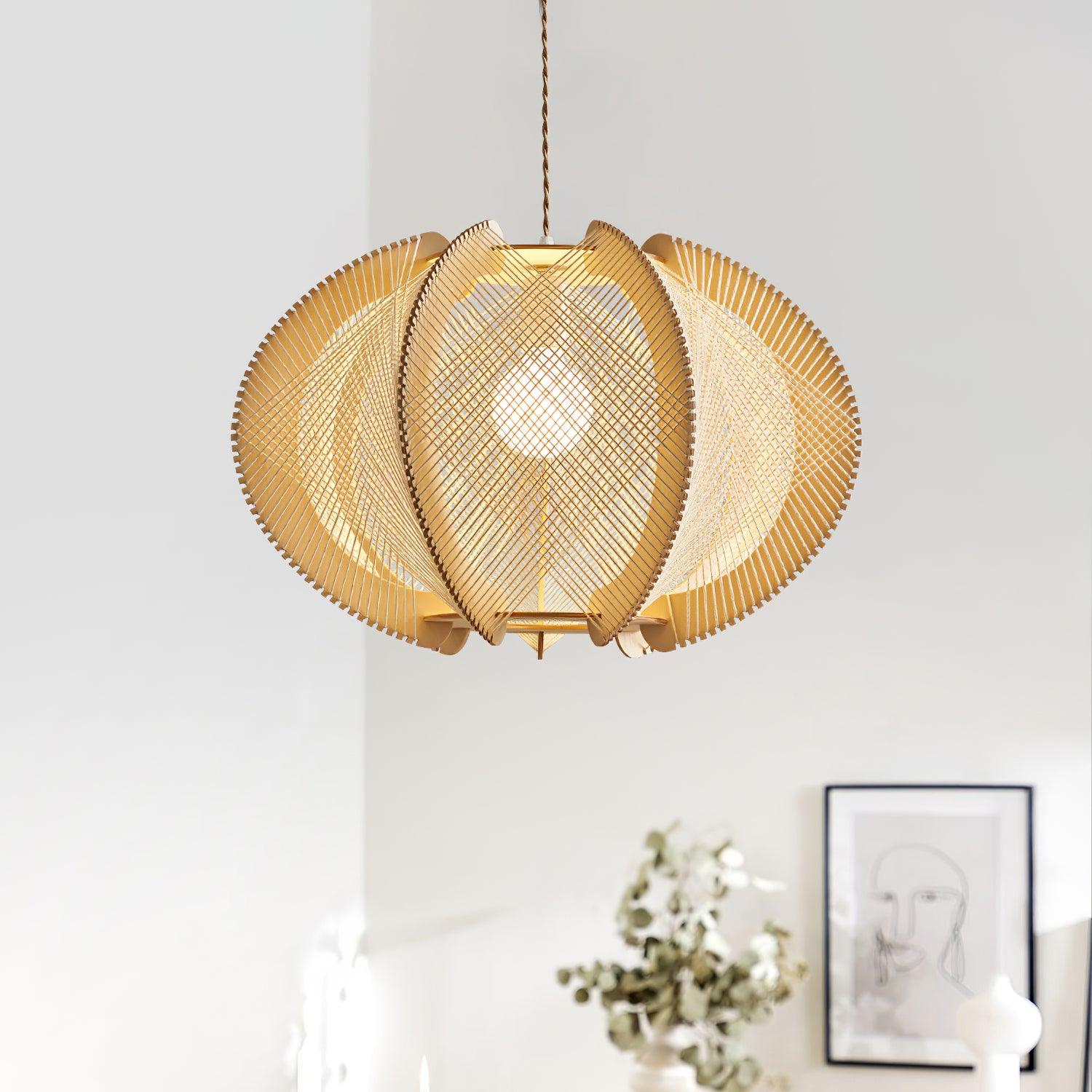 Pendant Light with Fabric Shade, Wooden Frame, and Wire Detail - Lamp Copper