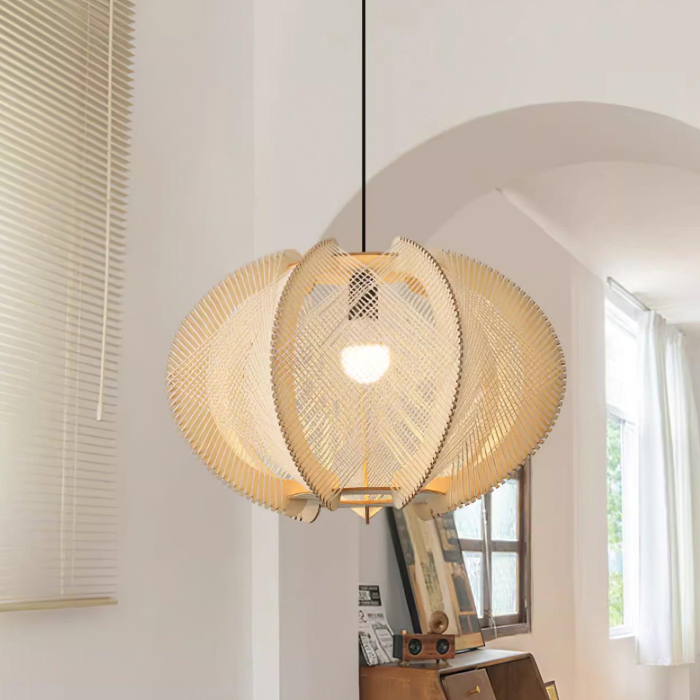 Pendant Light with Fabric Shade, Wooden Frame, and Wire Detail - Lamp Copper