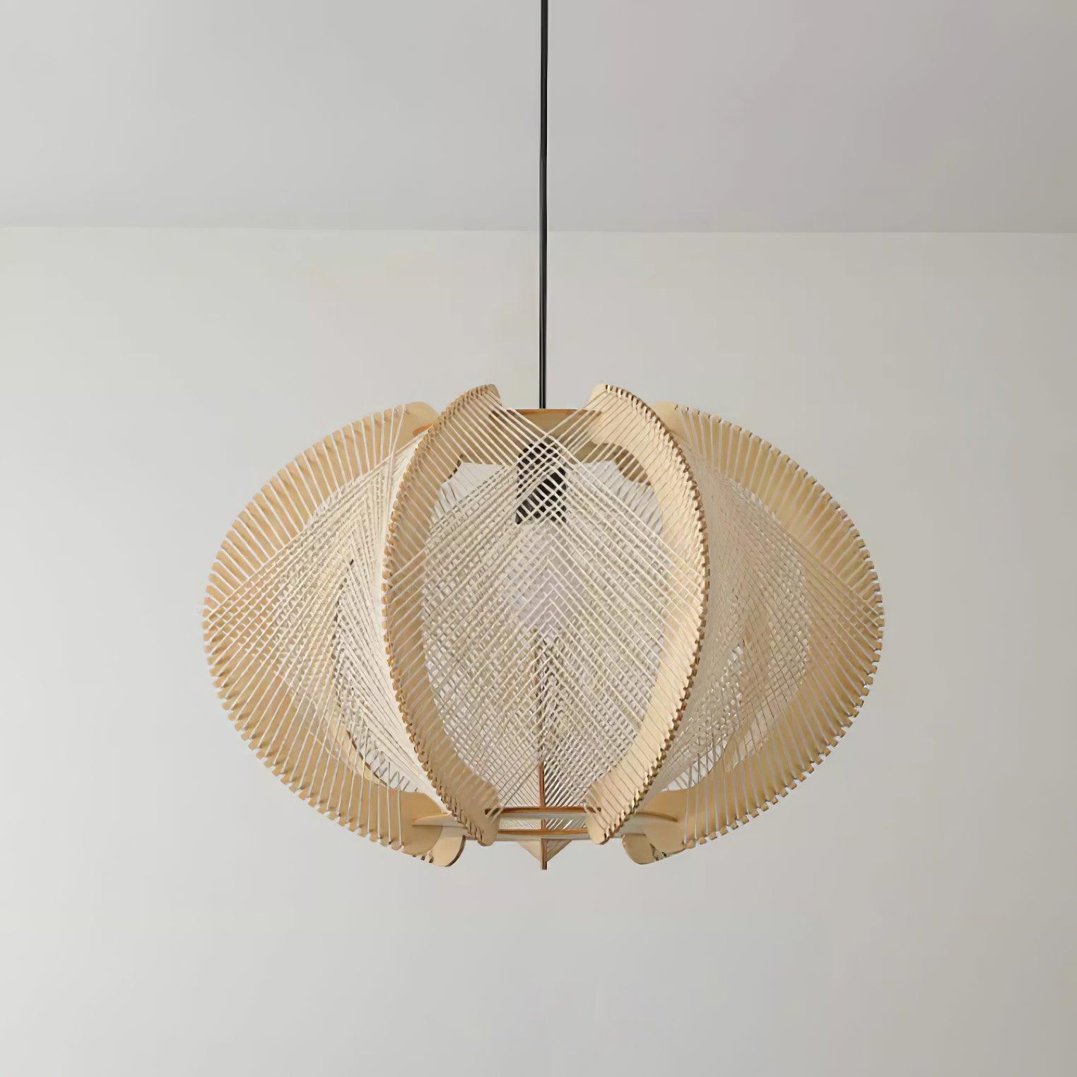 Pendant Light with Fabric Shade, Wooden Frame, and Wire Detail - Lamp Copper