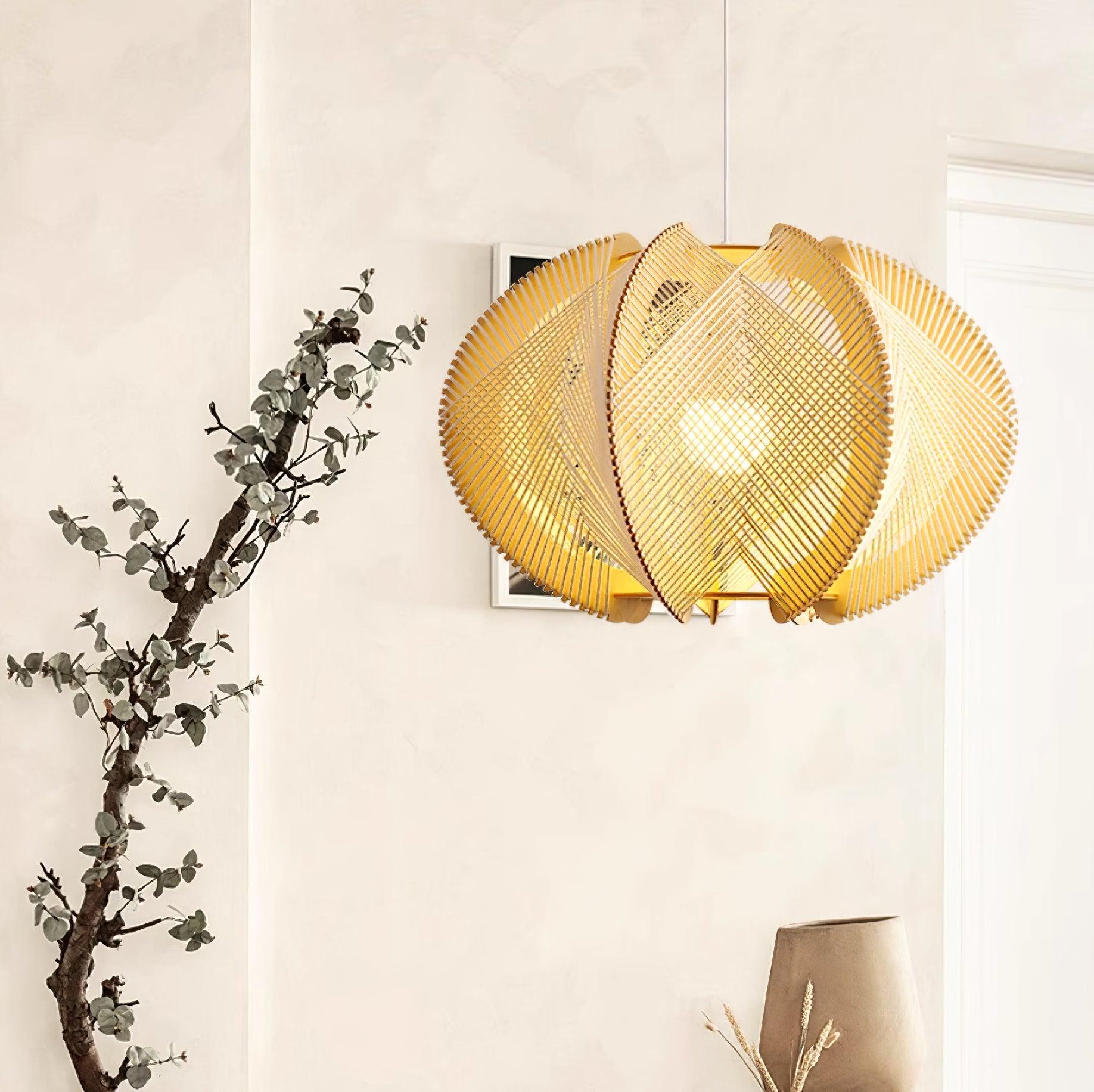 Pendant Light with Fabric Shade, Wooden Frame, and Wire Detail - Lamp Copper