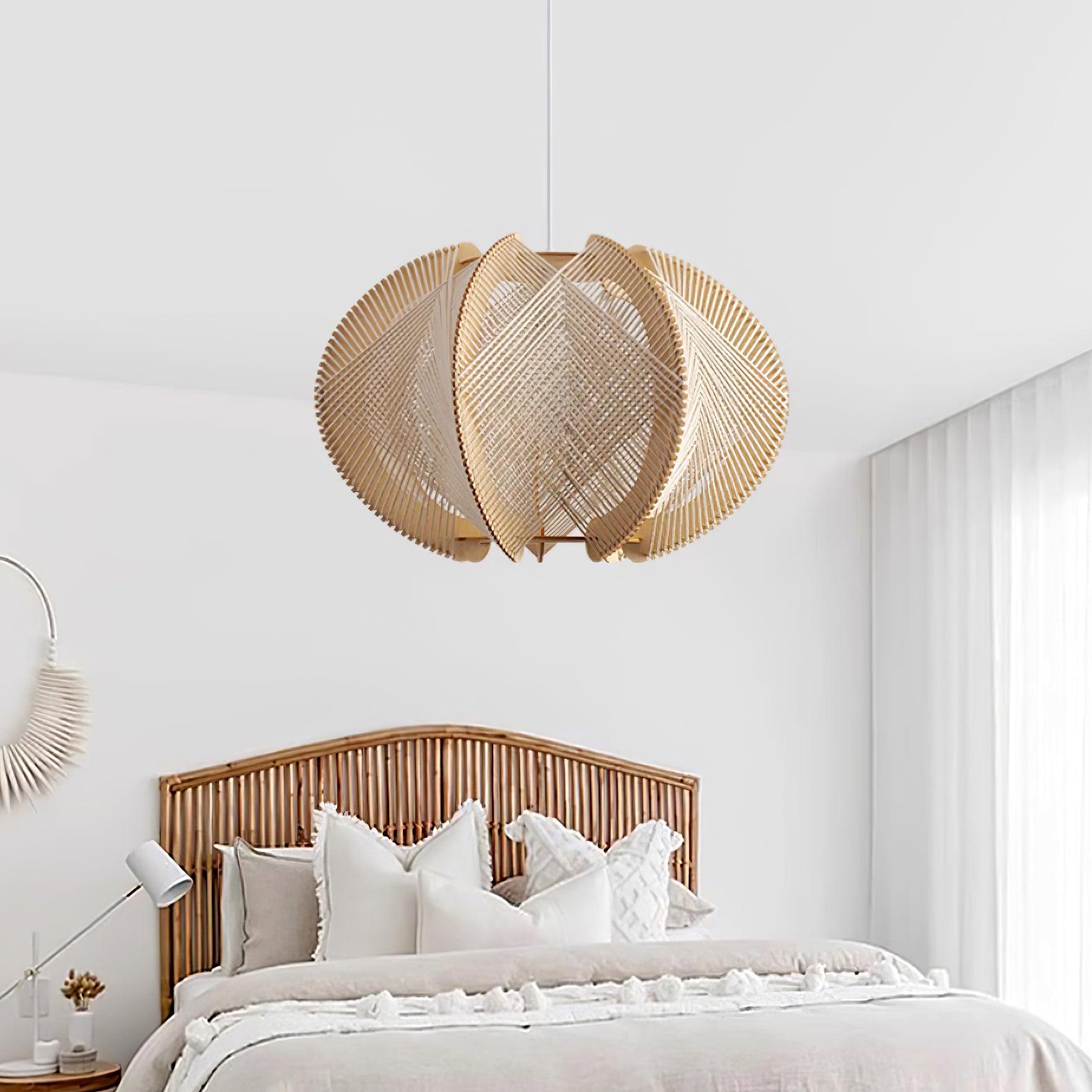 Pendant Light with Fabric Shade, Wooden Frame, and Wire Detail - Lamp Copper