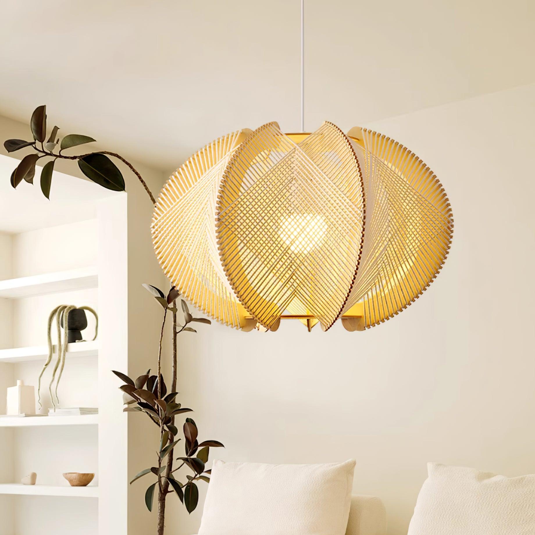 Pendant Light with Fabric Shade, Wooden Frame, and Wire Detail - Lamp Copper