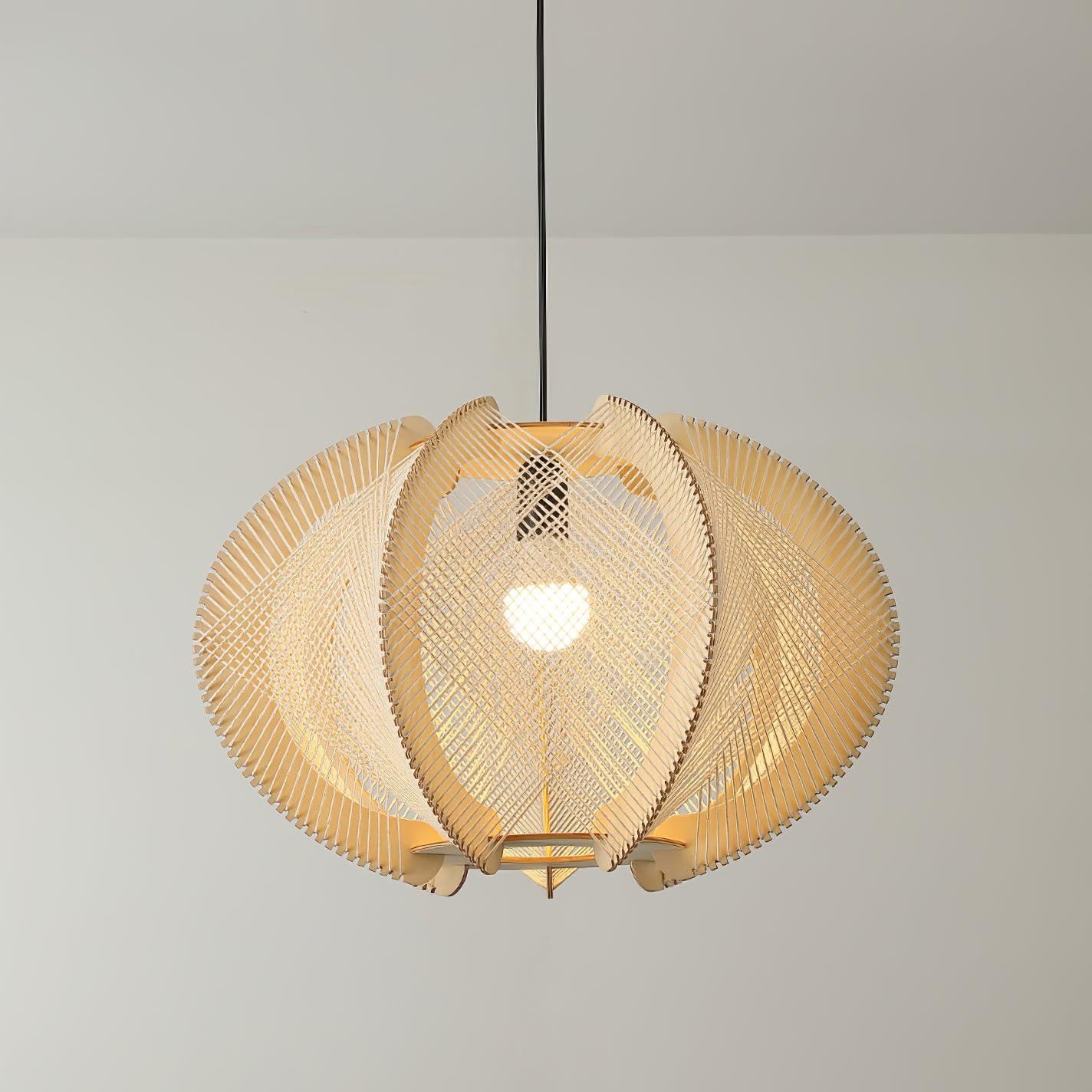 Pendant Light with Fabric Shade, Wooden Frame, and Wire Detail - Lamp Copper