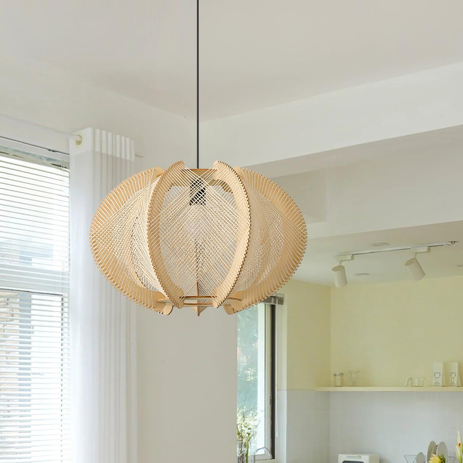 Pendant Light with Fabric Shade, Wooden Frame, and Wire Detail - Lamp Copper