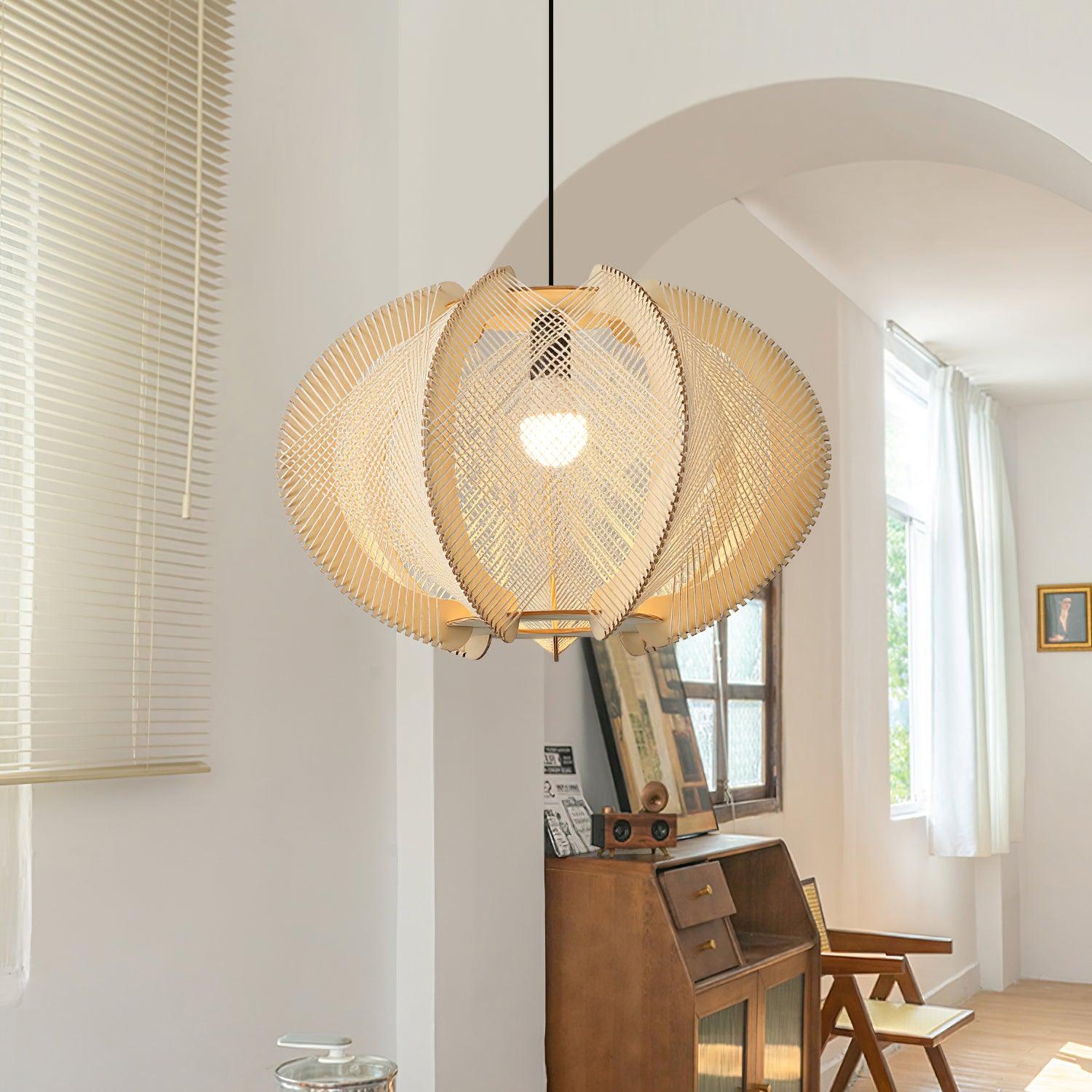 Pendant Light with Fabric Shade, Wooden Frame, and Wire Detail - Lamp Copper