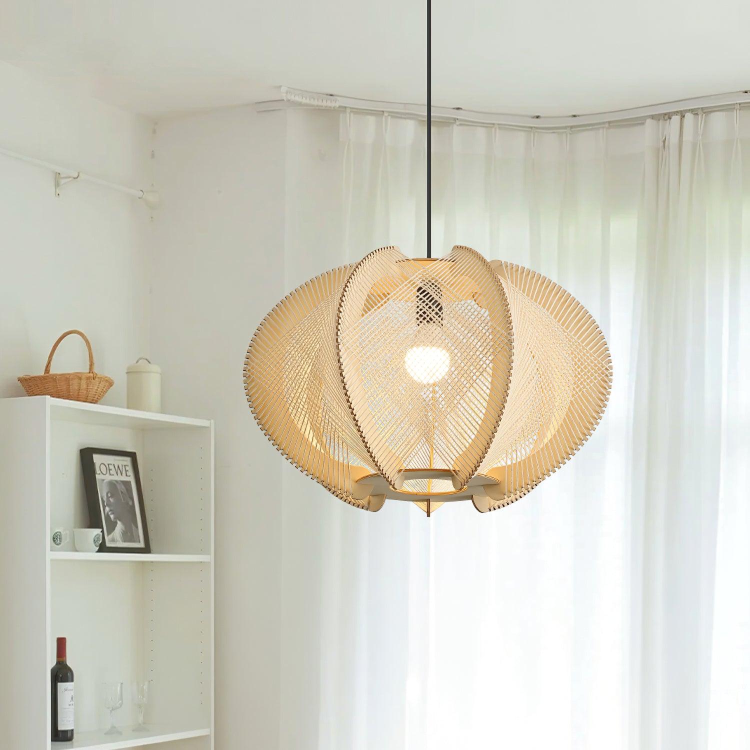 Pendant Light with Fabric Shade, Wooden Frame, and Wire Detail - Lamp Copper