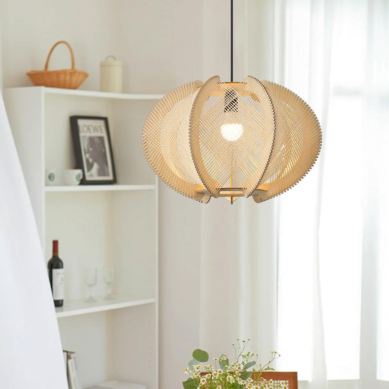 Pendant Light with Fabric Shade, Wooden Frame, and Wire Detail - Lamp Copper