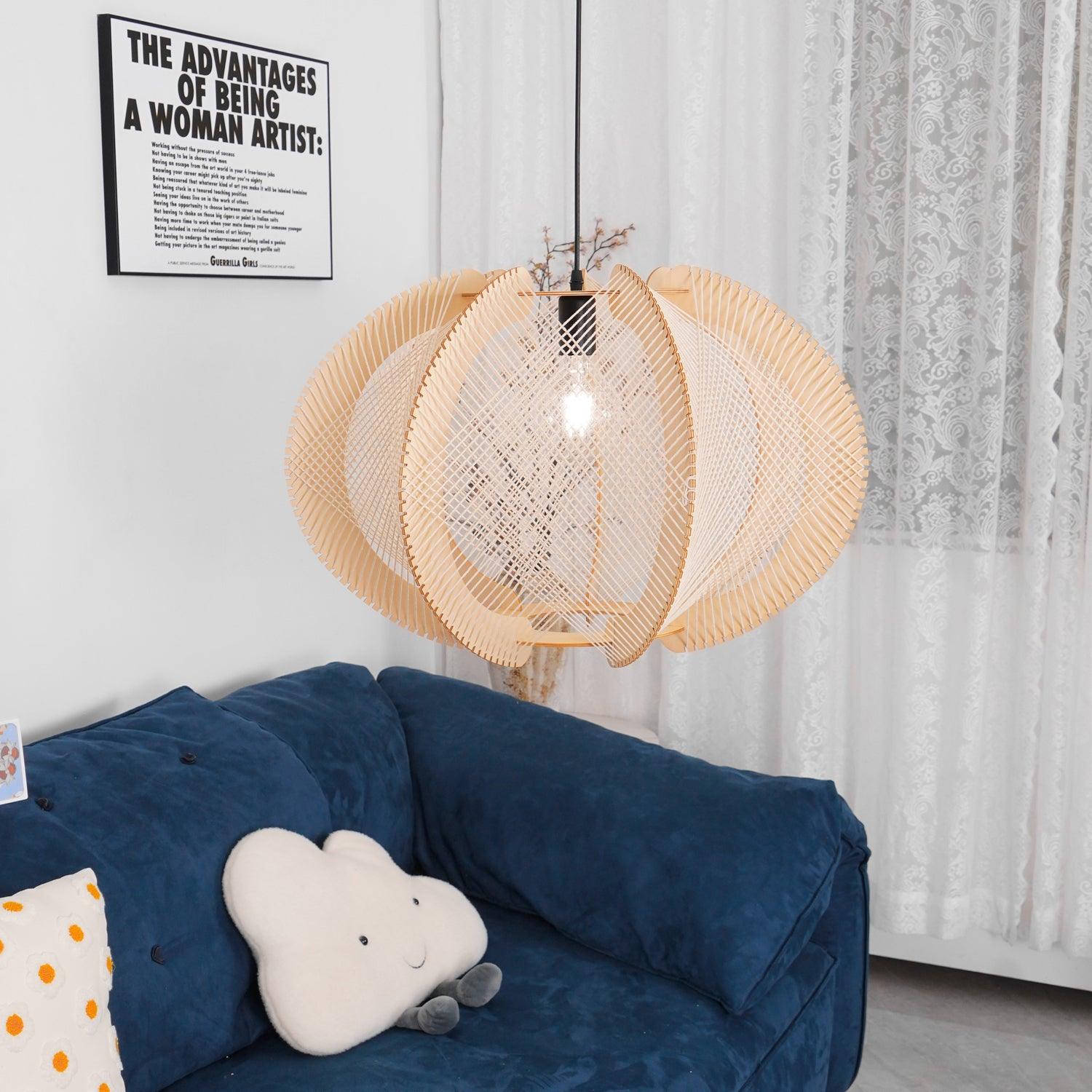 Pendant Light with Fabric Shade, Wooden Frame, and Wire Detail - Lamp Copper