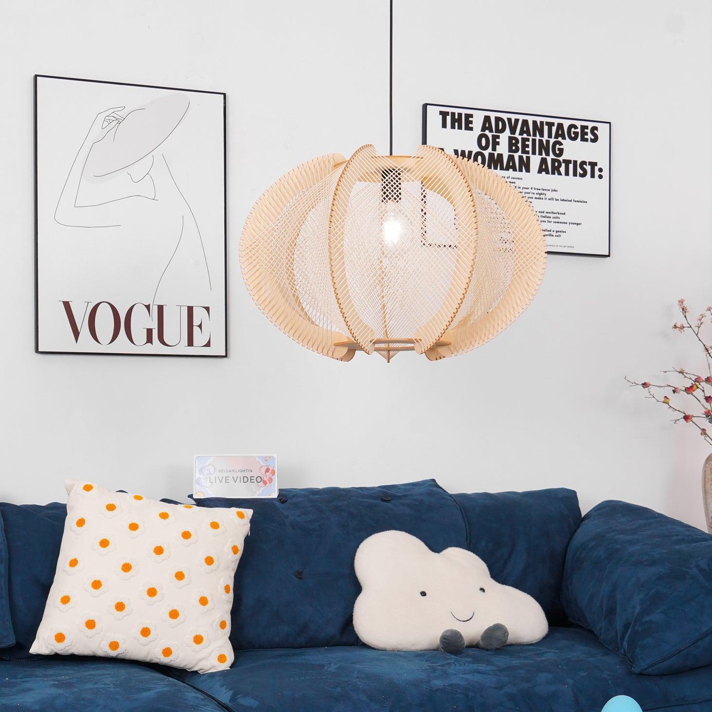 Pendant Light with Fabric Shade, Wooden Frame, and Wire Detail - Lamp Copper