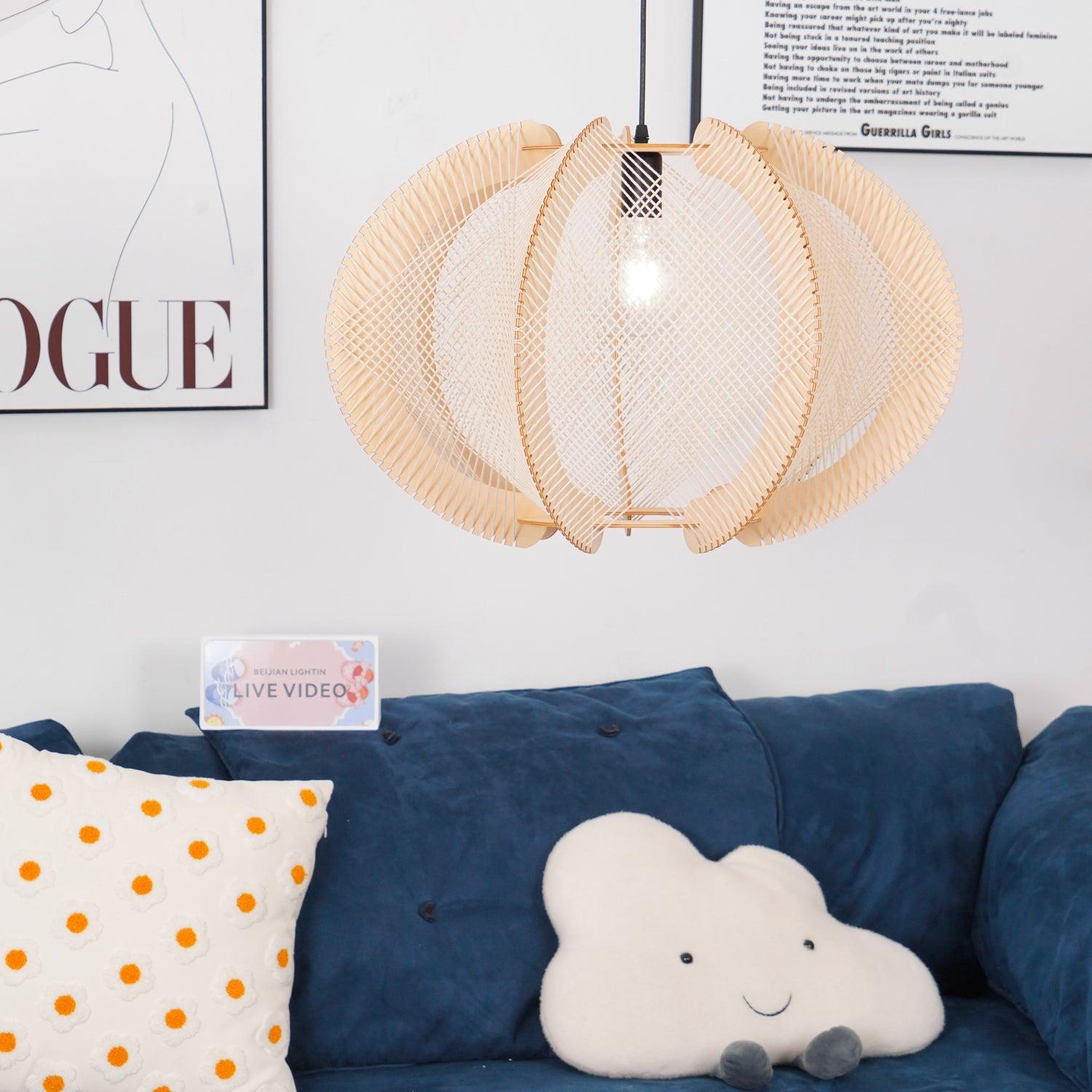 Pendant Light with Fabric Shade, Wooden Frame, and Wire Detail - Lamp Copper