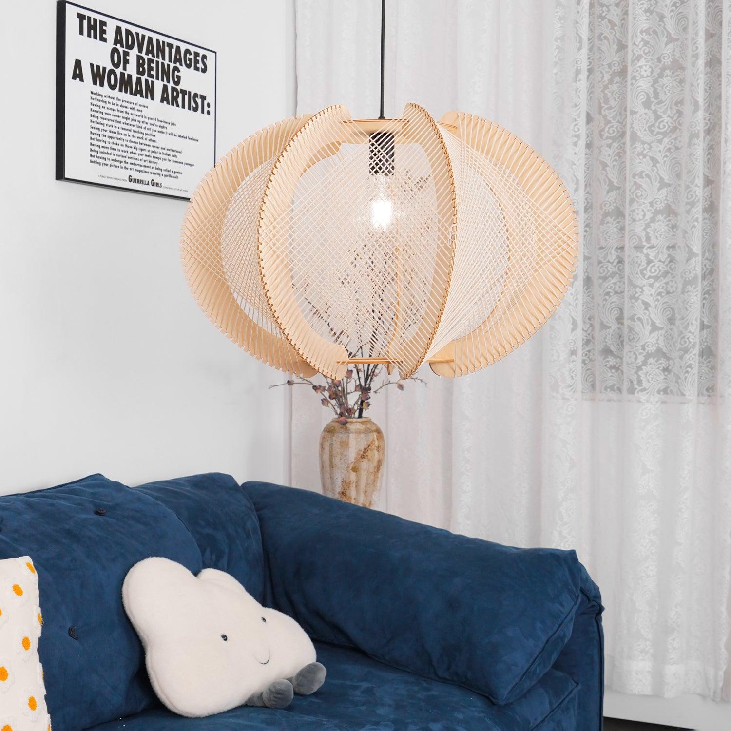 Pendant Light with Fabric Shade, Wooden Frame, and Wire Detail - Lamp Copper