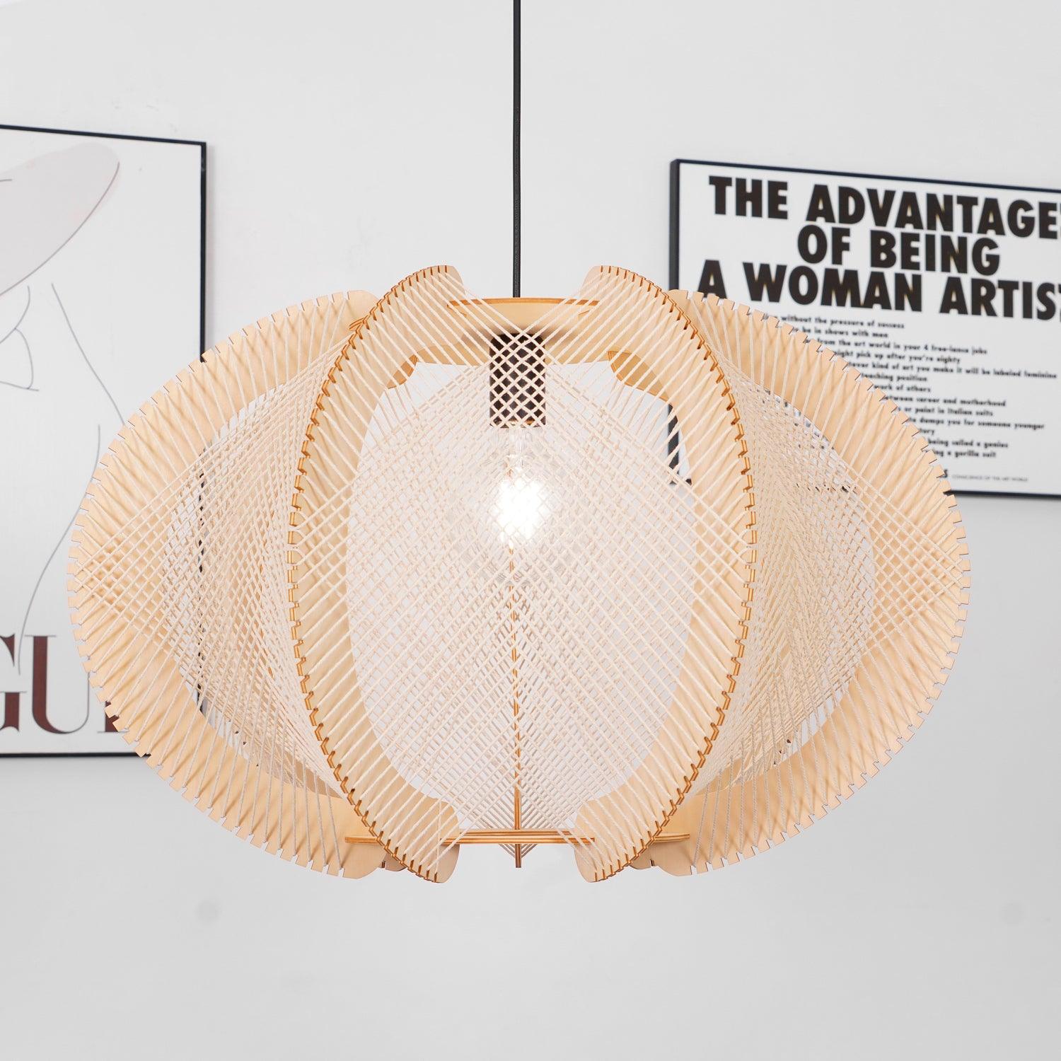 Pendant Light with Fabric Shade, Wooden Frame, and Wire Detail - Lamp Copper