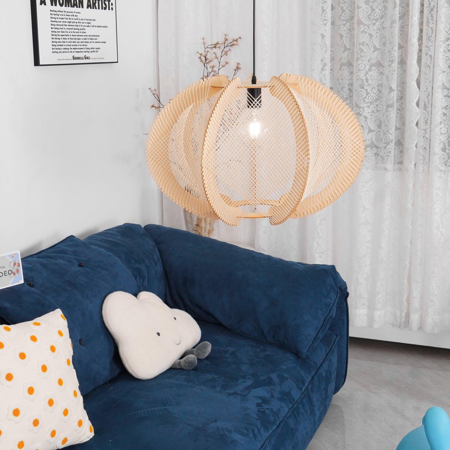 Pendant Light with Fabric Shade, Wooden Frame, and Wire Detail - Lamp Copper