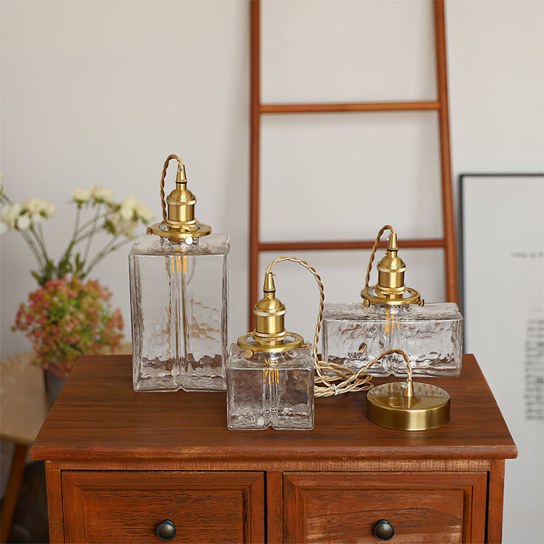 Ovely Vintage Glass Brass Hammered Pendant Light - Lamp Copper