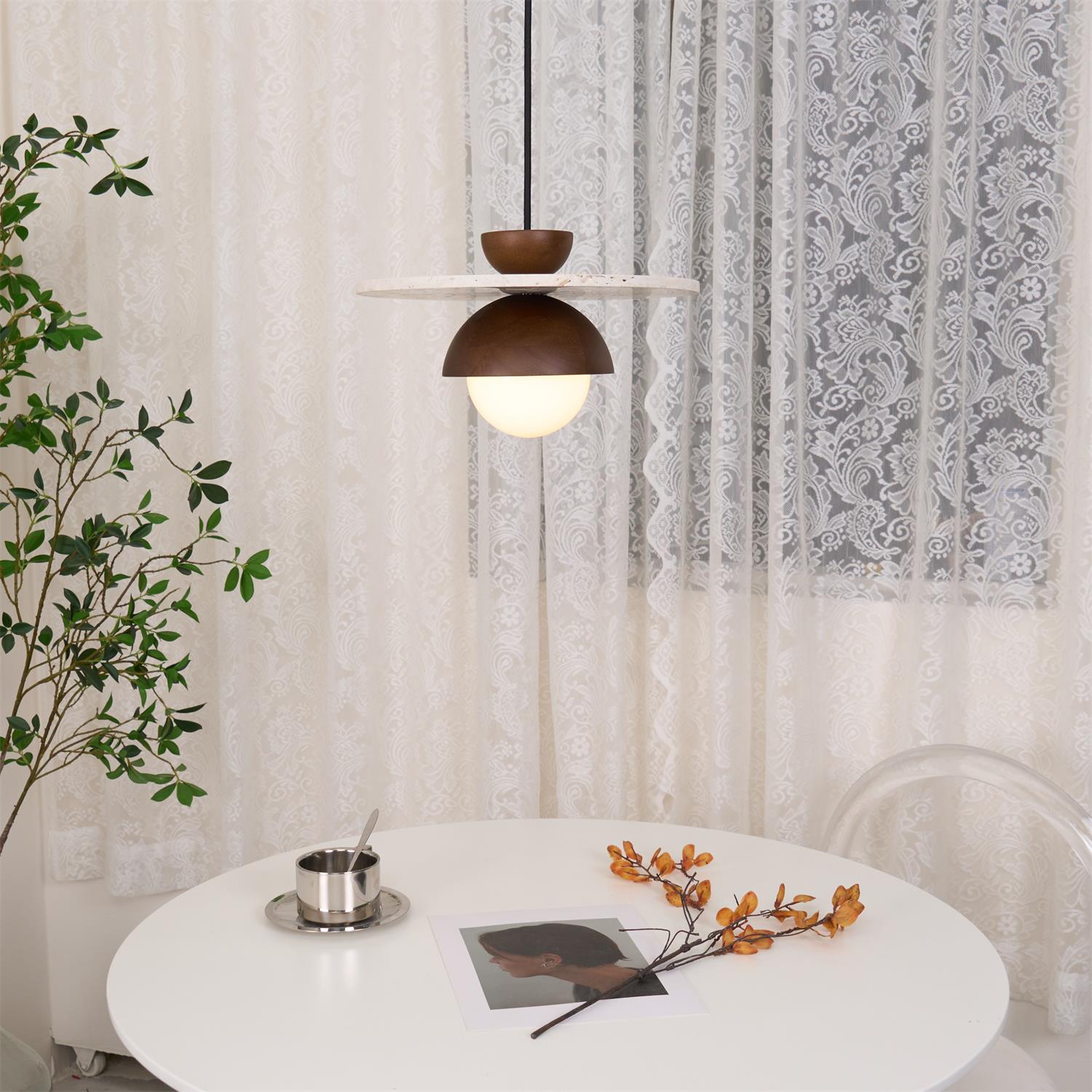 Ritta Pendant Light Glass Globe Travertine - Lamp Copper