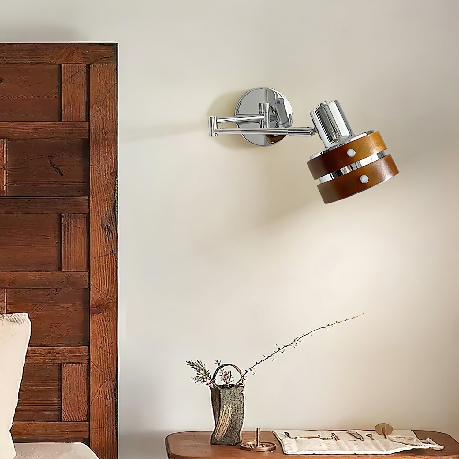 Wall Lamp Metal & Wood Barrel Shade Adjustable Mid-Century - Lamp Copper