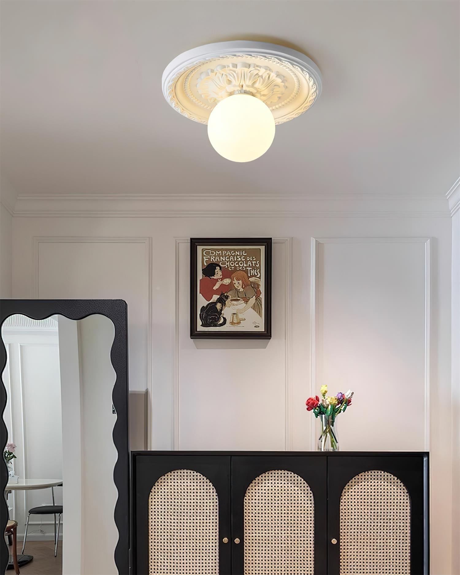 Ivorelle Vintage Carved Ceiling Light with Globe Shade - Lamp Copper