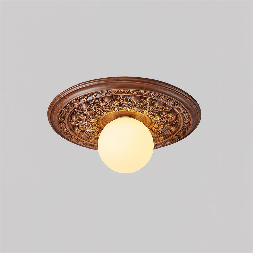Ivorelle Vintage Carved Ceiling Light with Globe Shade - Lamp Copper