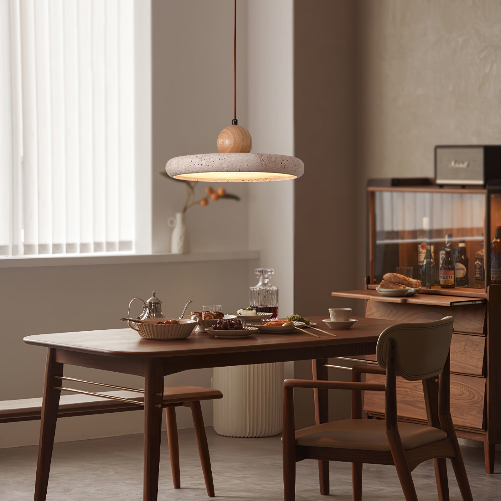 Opalyn Travertine & Wood Pendant Light - Lamp Copper