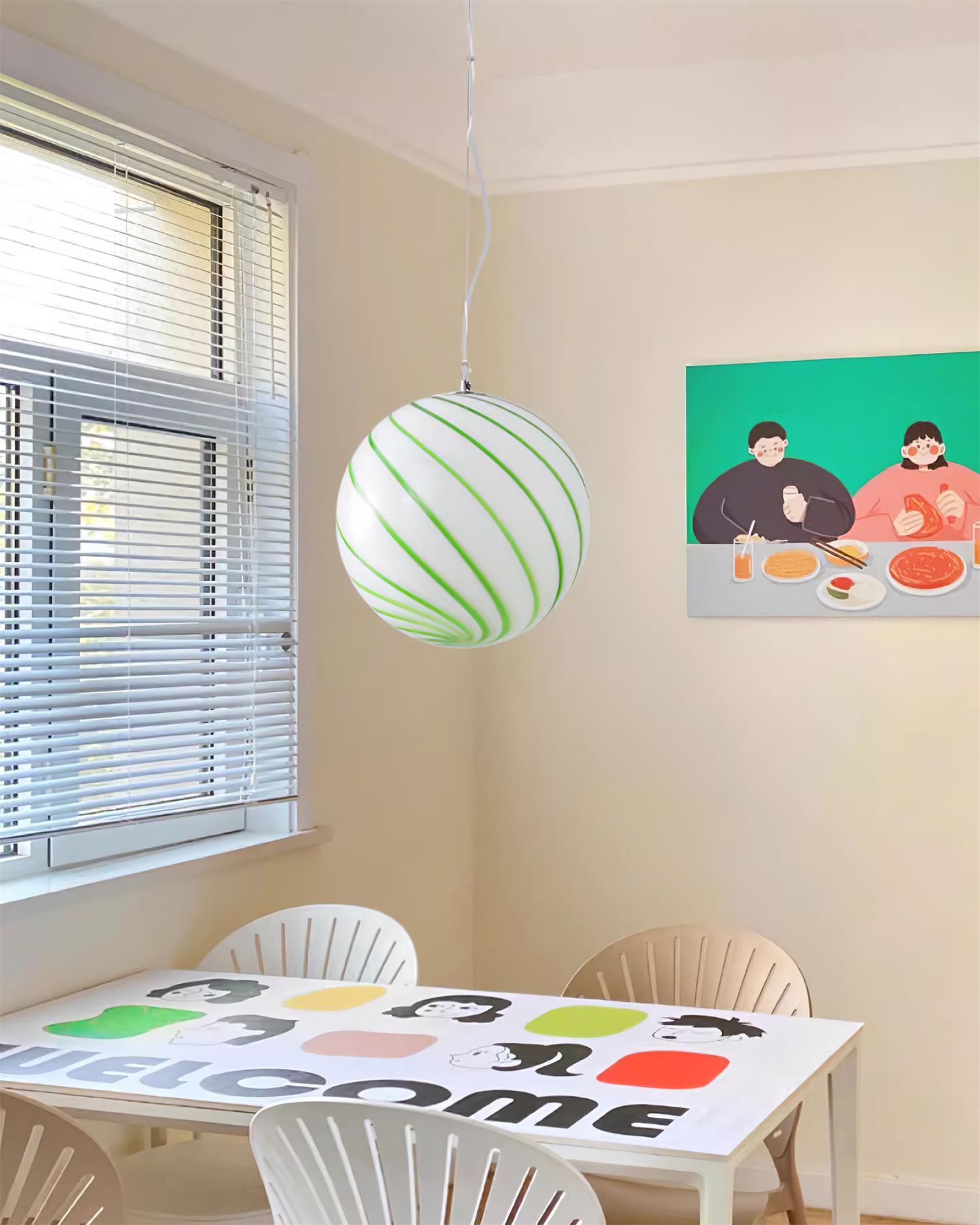 Pendant Lamp Glass Globe Light with Green Swirl Stripes - Lamp Copper