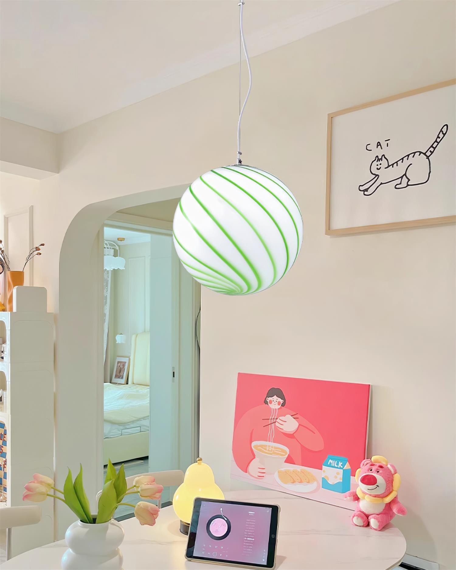 Pendant Lamp Glass Globe Light with Green Swirl Stripes - Lamp Copper