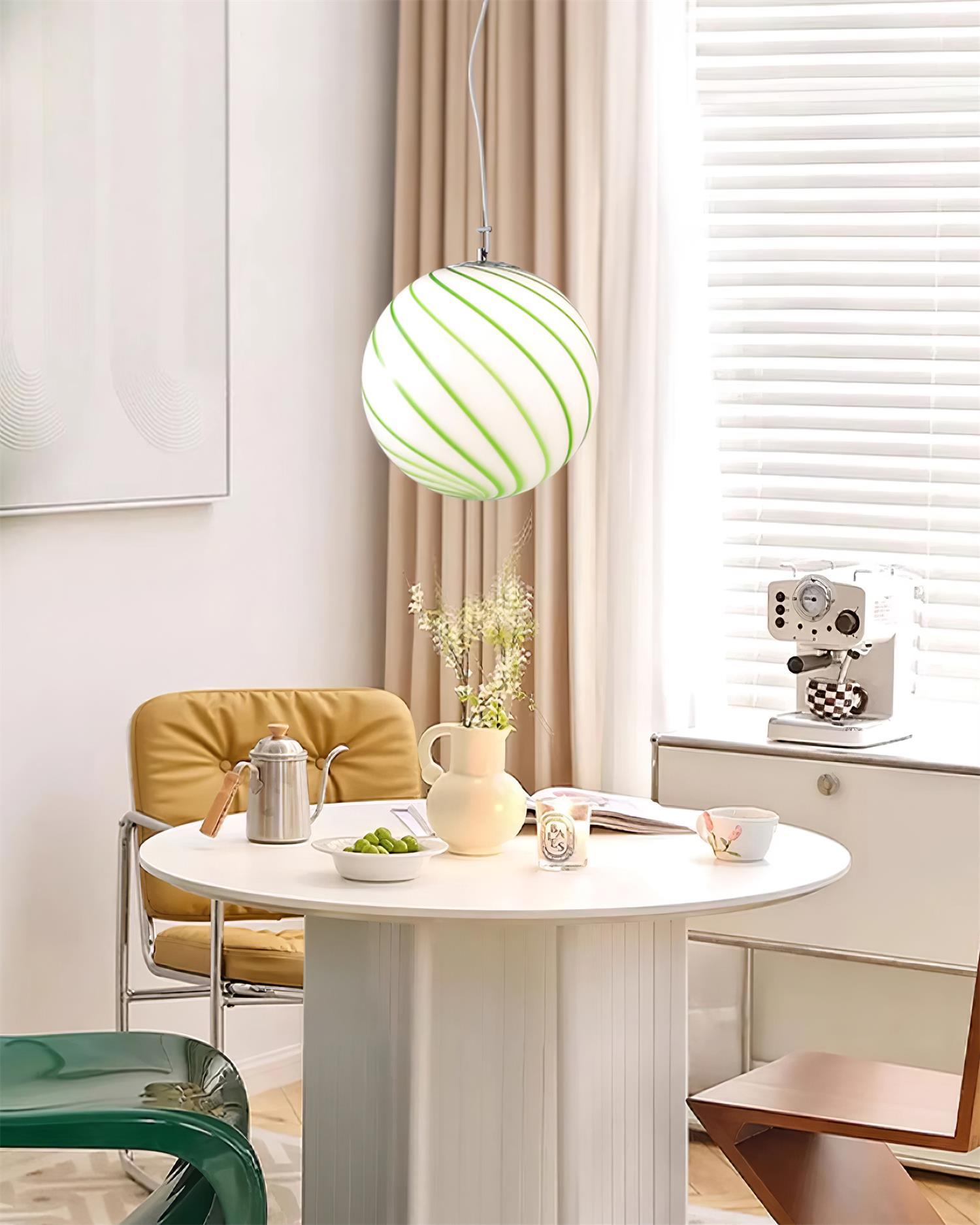 Pendant Lamp Glass Globe Light with Green Swirl Stripes - Lamp Copper