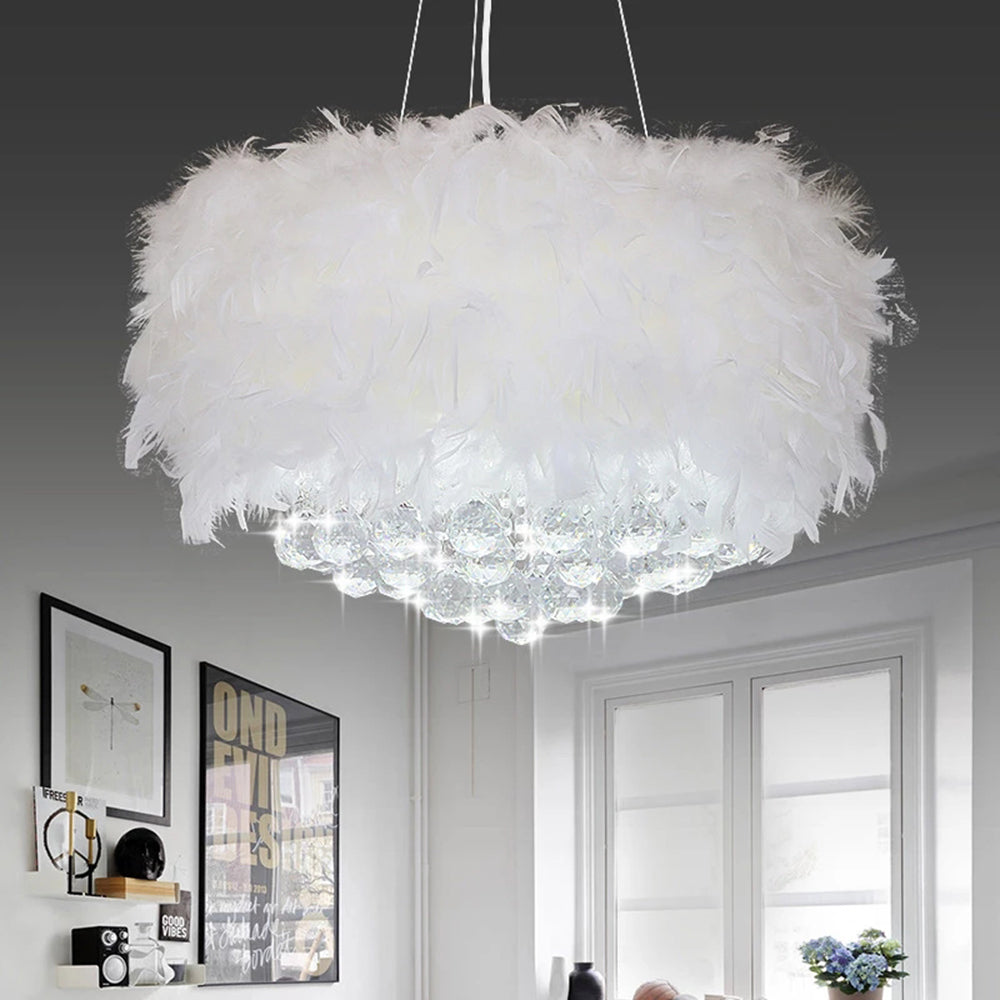 O'Moore Modern Luxury Round Chandelier, Feather/Crystal, White - Lamp Copper