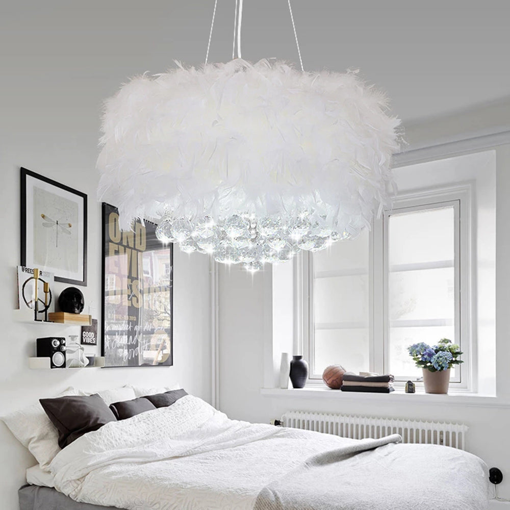 O'Moore Modern Luxury Round Chandelier, Feather/Crystal, White - Lamp Copper