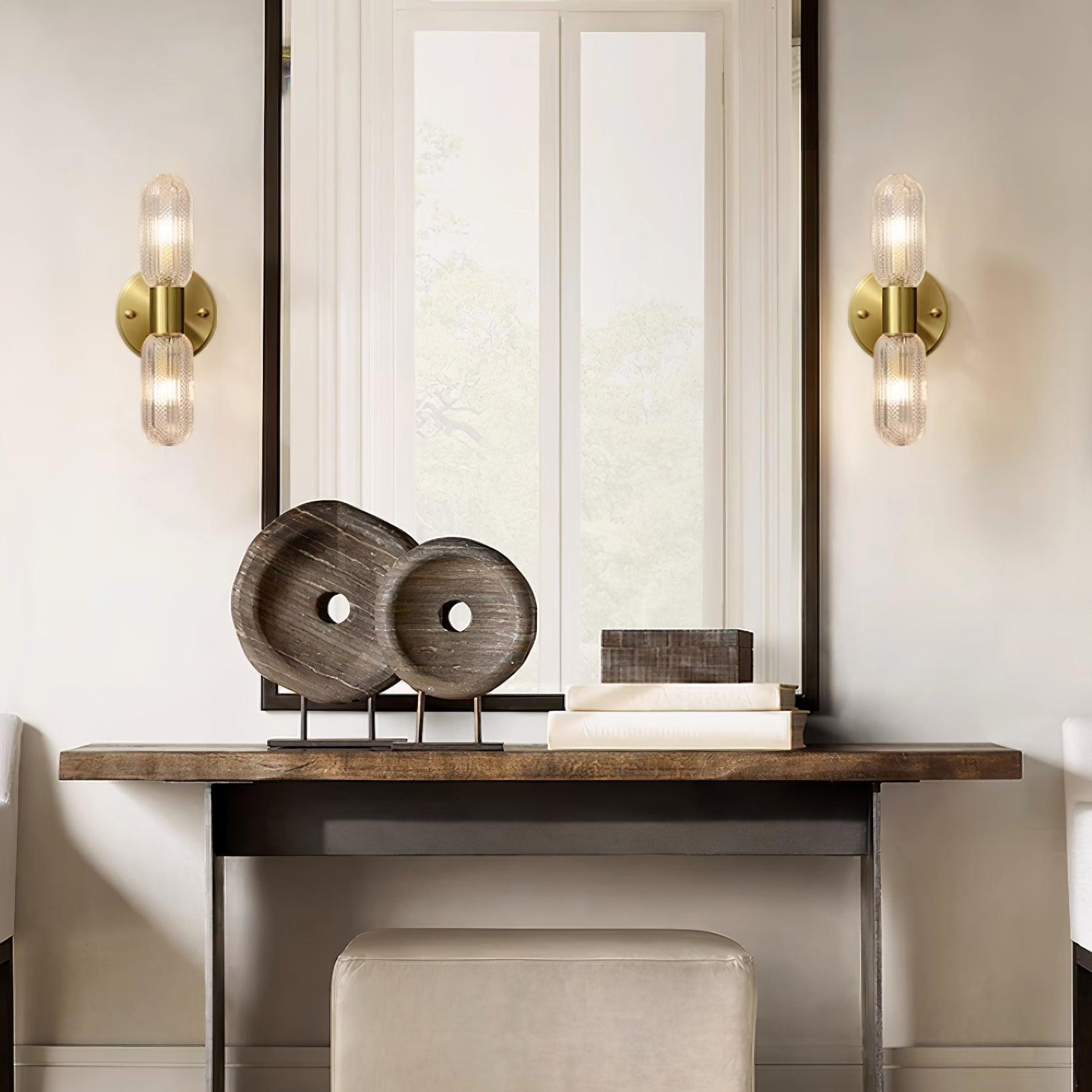 Evania Brass and Textured Glass Double Light Wall Sconce - Lamp Copper