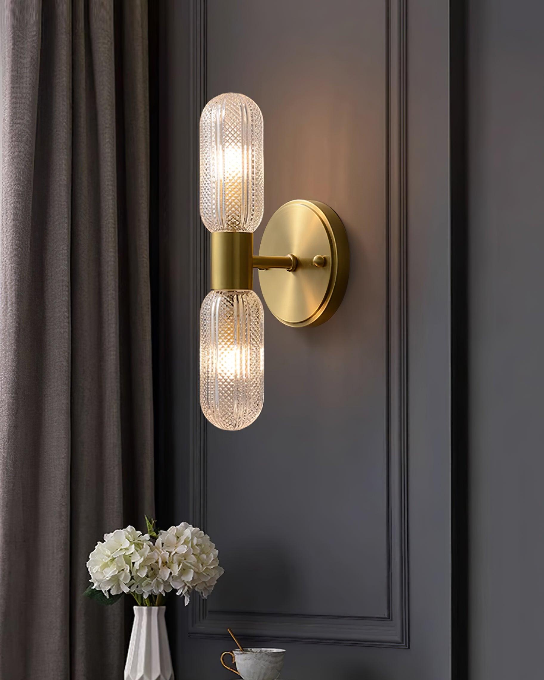 Evania Brass and Textured Glass Double Light Wall Sconce - Lamp Copper