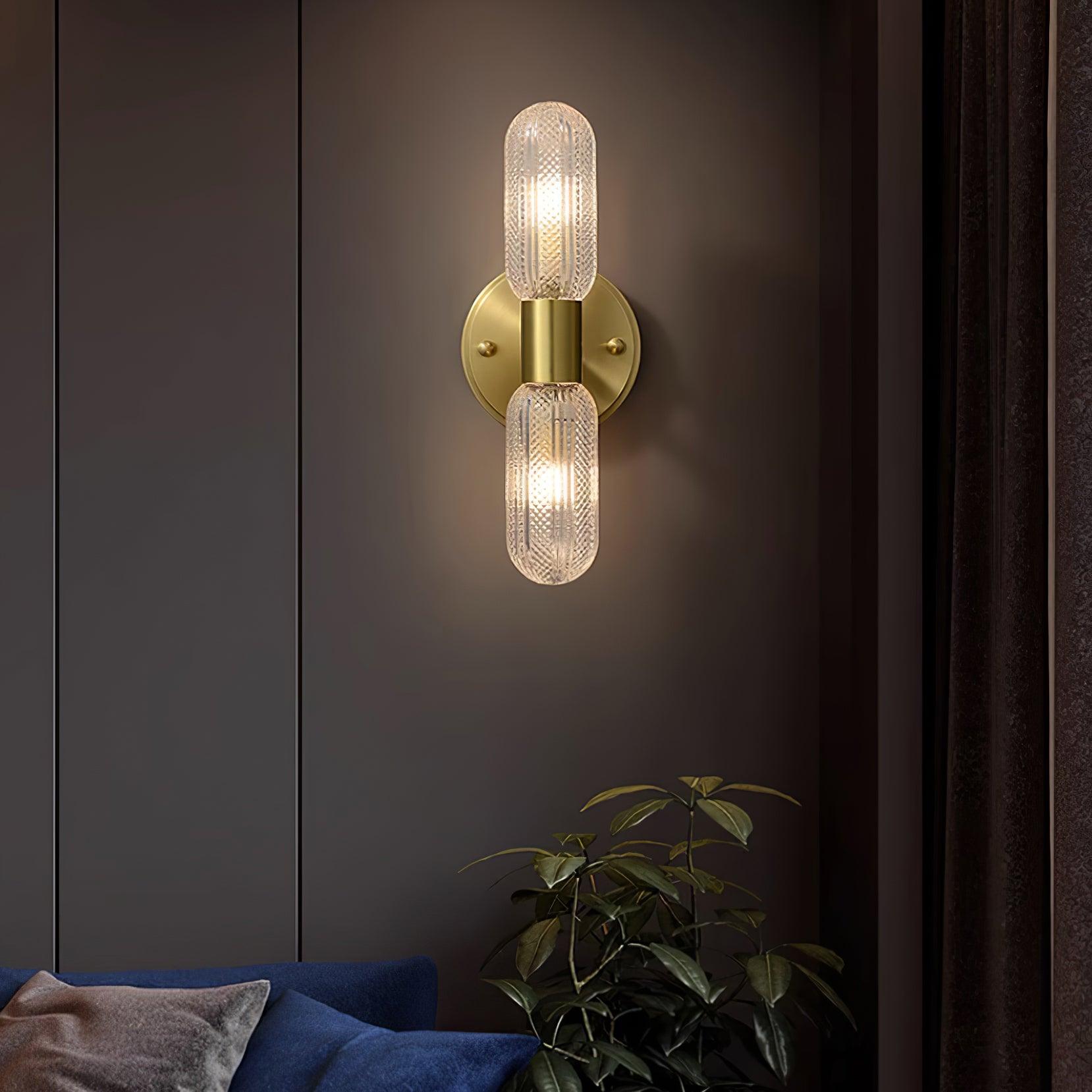 Evania Brass and Textured Glass Double Light Wall Sconce - Lamp Copper