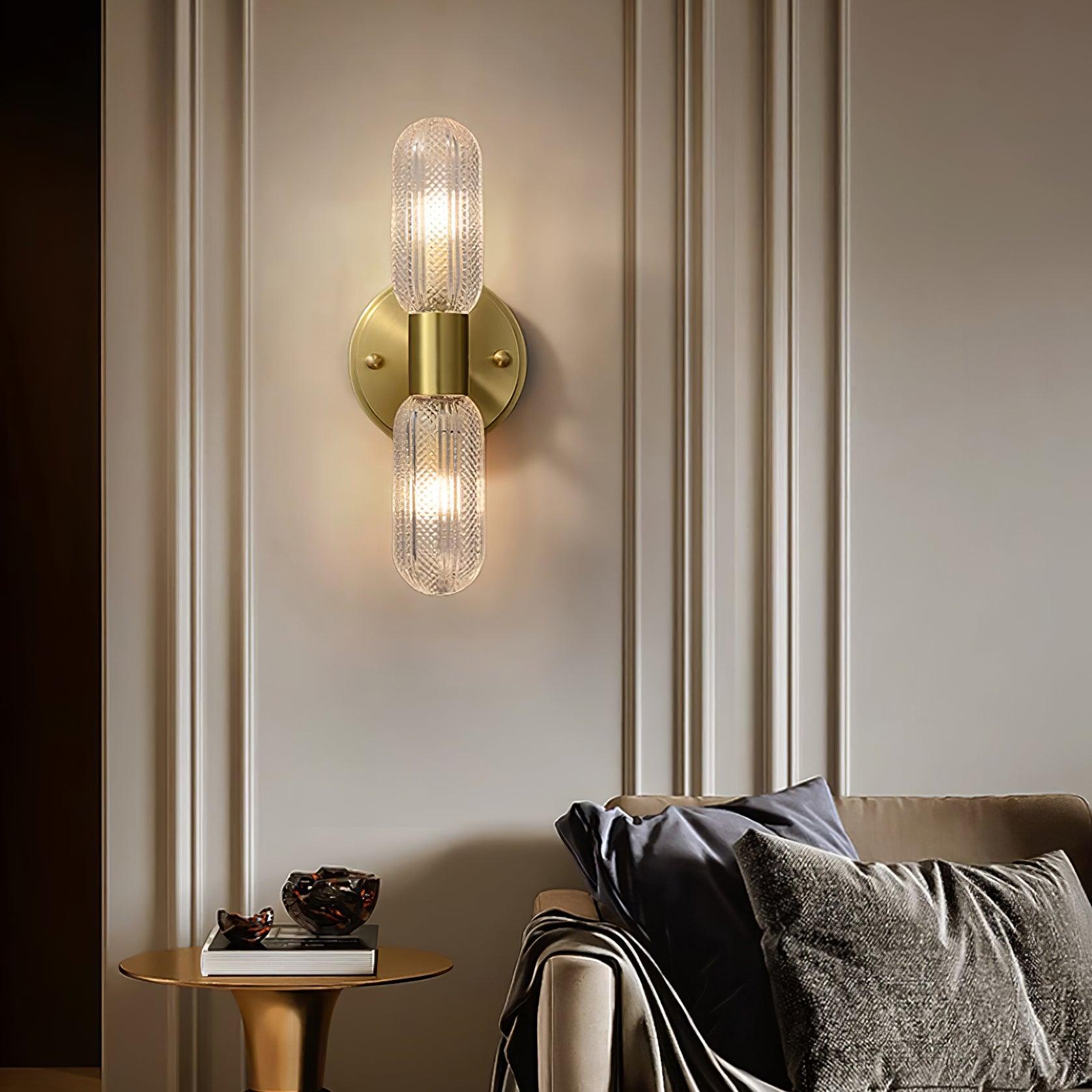 Evania Brass and Textured Glass Double Light Wall Sconce - Lamp Copper