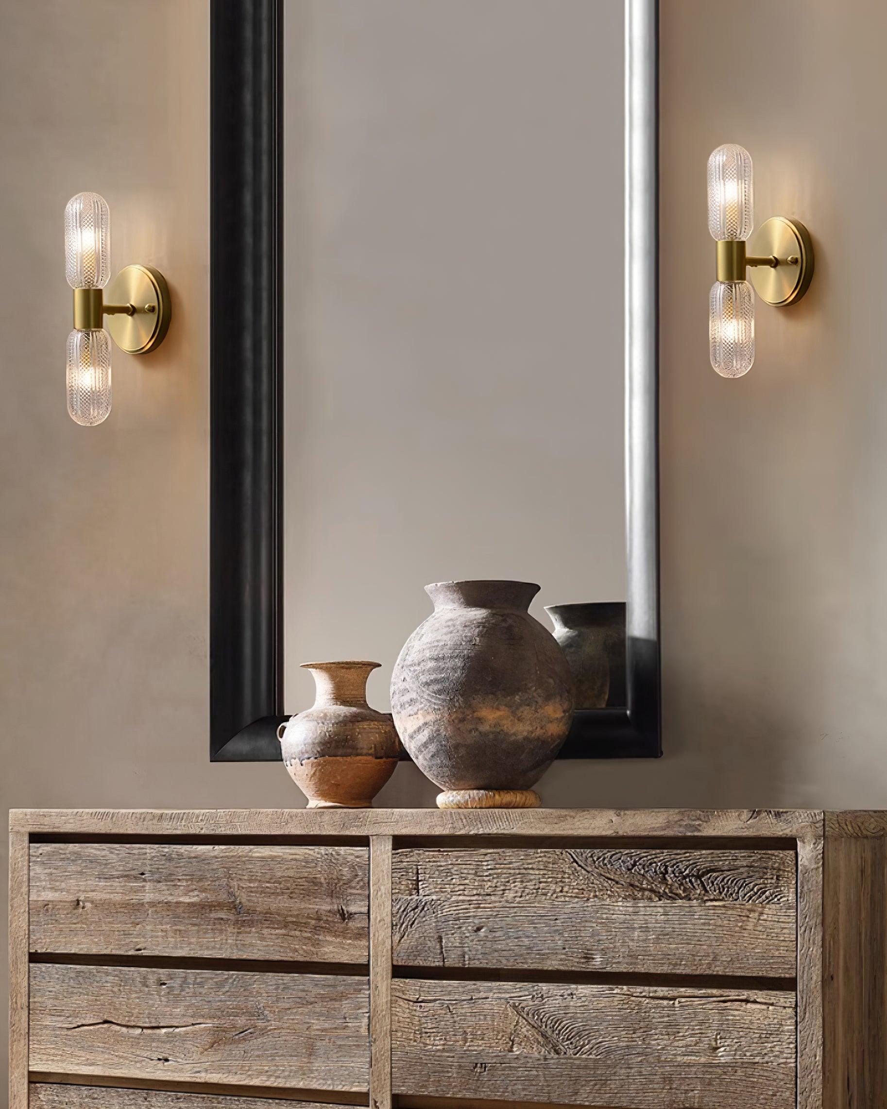 Evania Brass and Textured Glass Double Light Wall Sconce - Lamp Copper