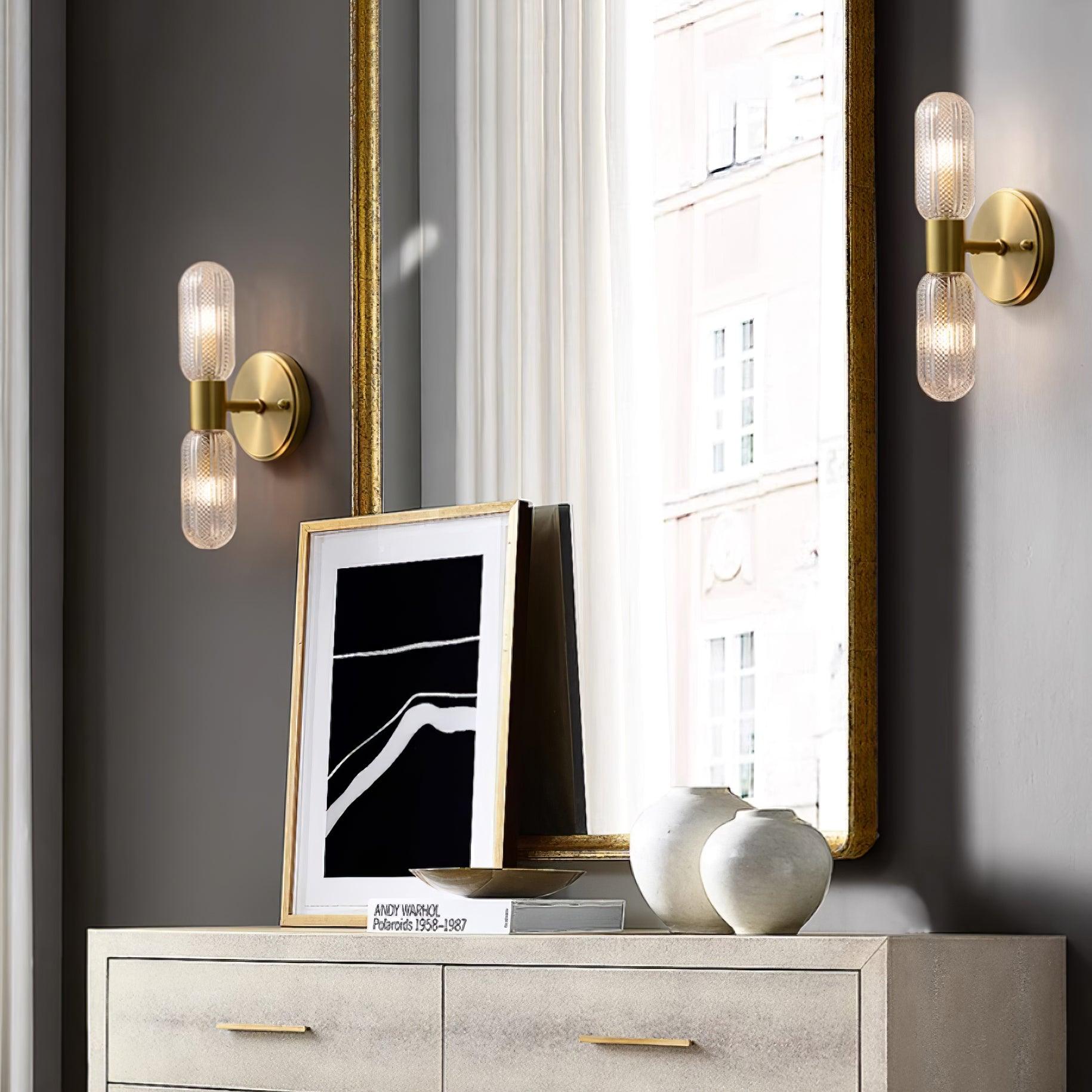 Evania Brass and Textured Glass Double Light Wall Sconce - Lamp Copper