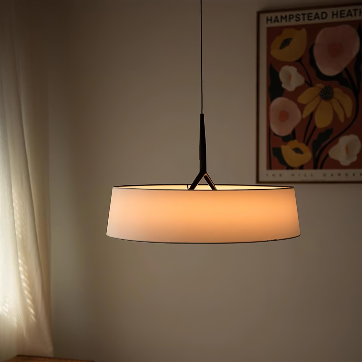 Pendant Light White Fabric Drum Black - Lamp Copper