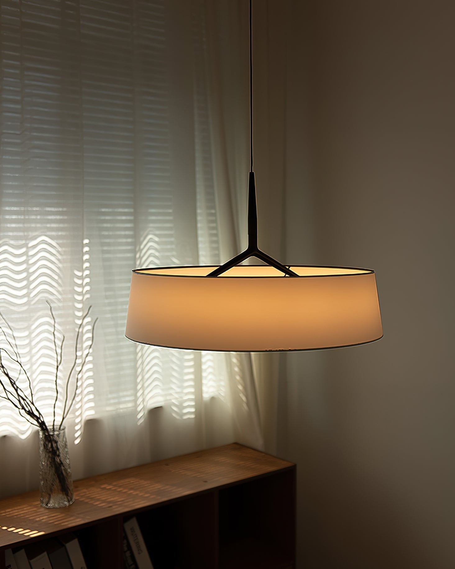 Pendant Light White Fabric Drum Black - Lamp Copper