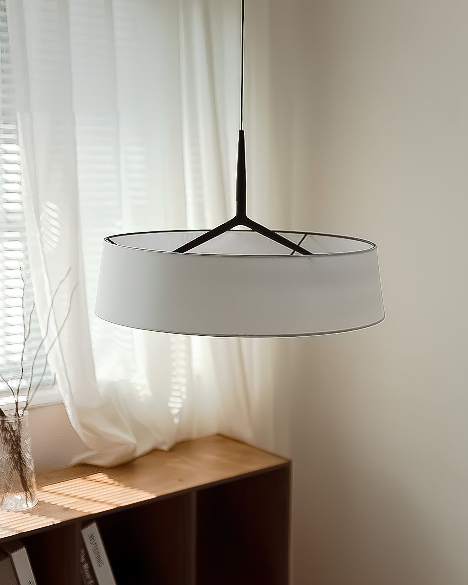 Pendant Light White Fabric Drum Black - Lamp Copper
