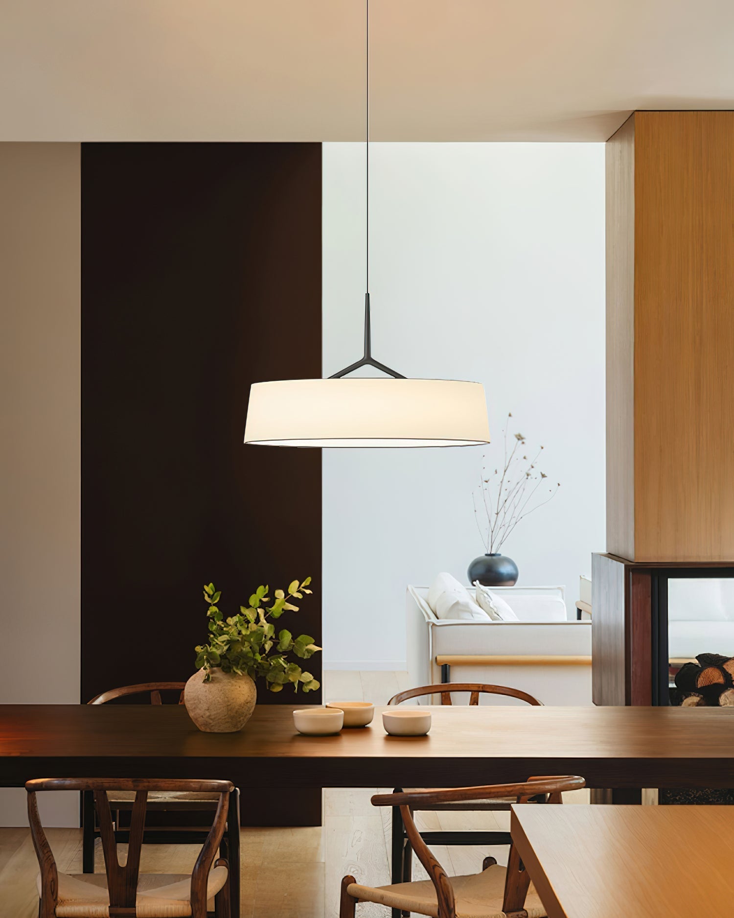 Pendant Light White Fabric Drum Black - Lamp Copper