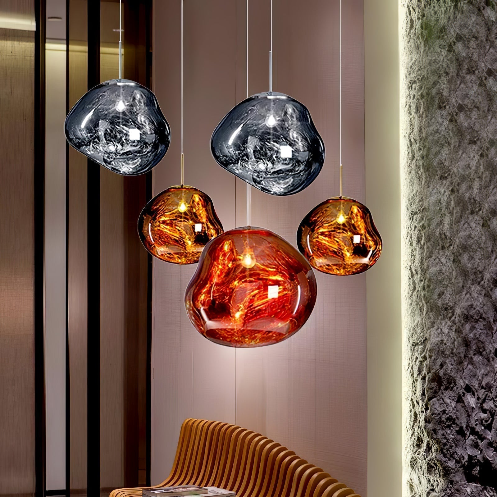 Solara Pendant Lamp Blown Glass Irregular Cluster Sculptural - Lamp Copper