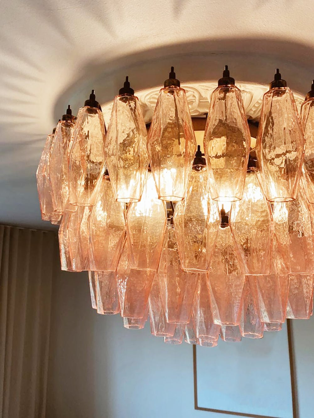 Aurora Ceiling Lamp Pink Rhombus Glass Layered Vintage Elegance - Lamp Copper