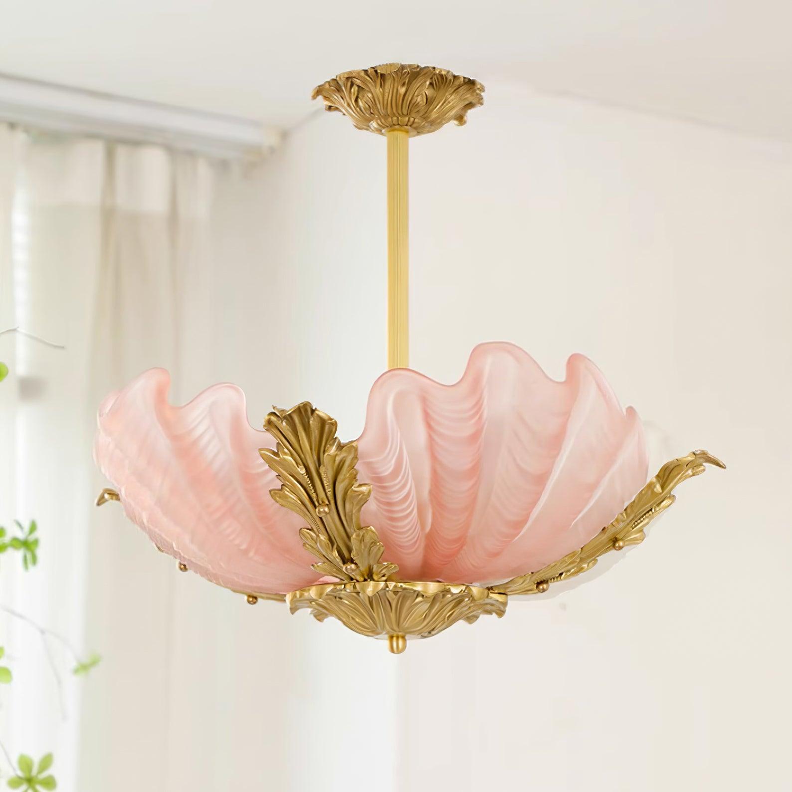 Pendant Lamp Pink Murano Shell with Brass Baroque - Lamp Copper