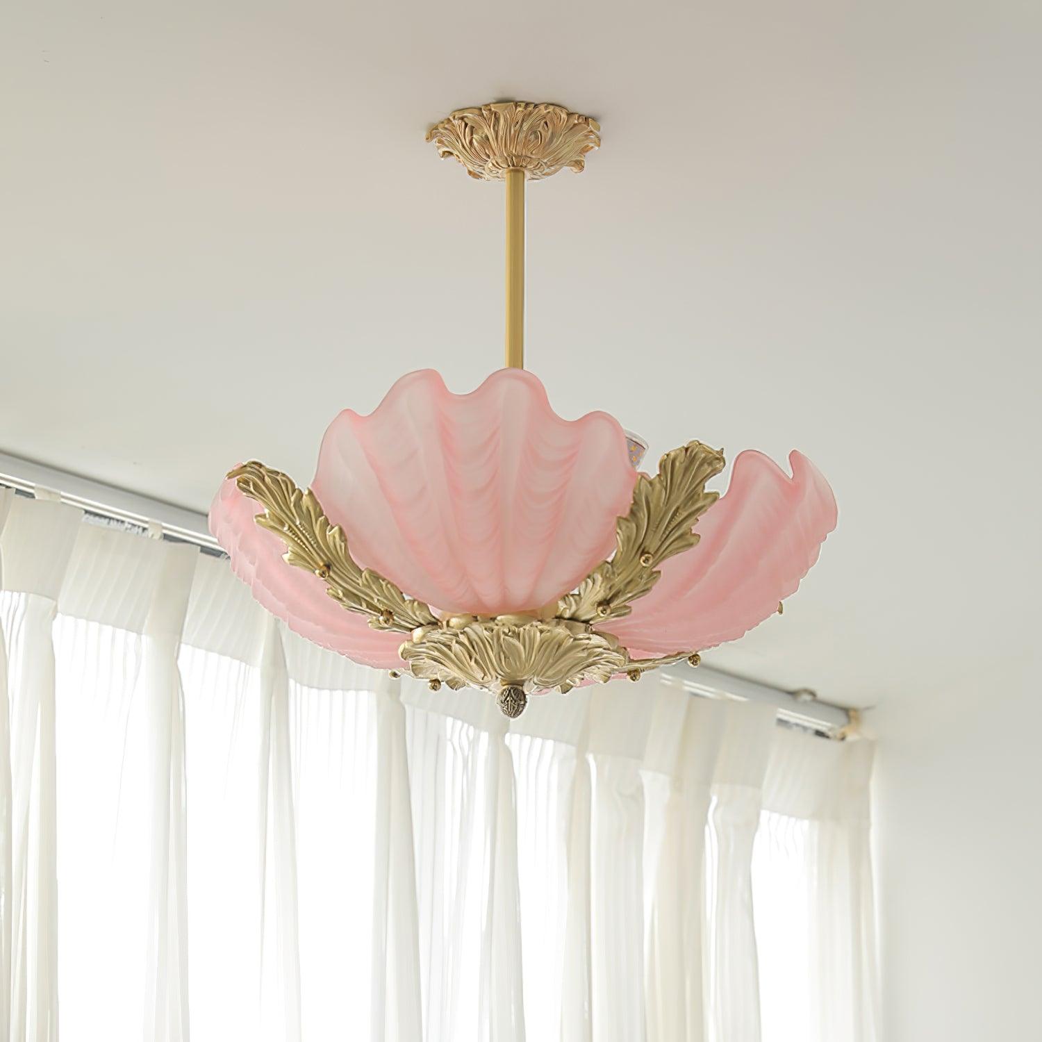 Pendant Lamp Pink Murano Shell with Brass Baroque - Lamp Copper